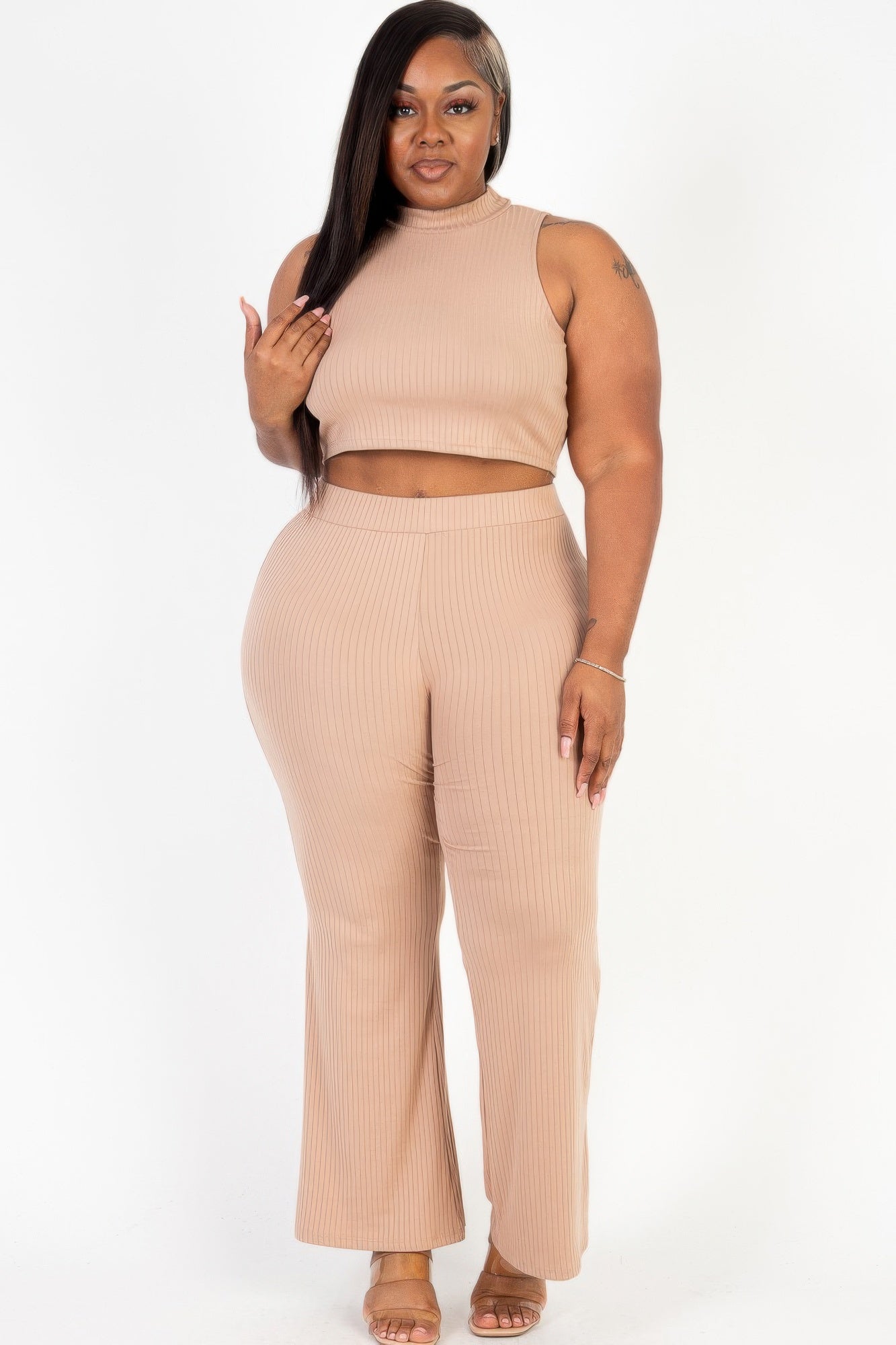 Plus Size Ribbed Mock Neck Crop Tank Top& Bootcut Pants Set - AV Fashion’s