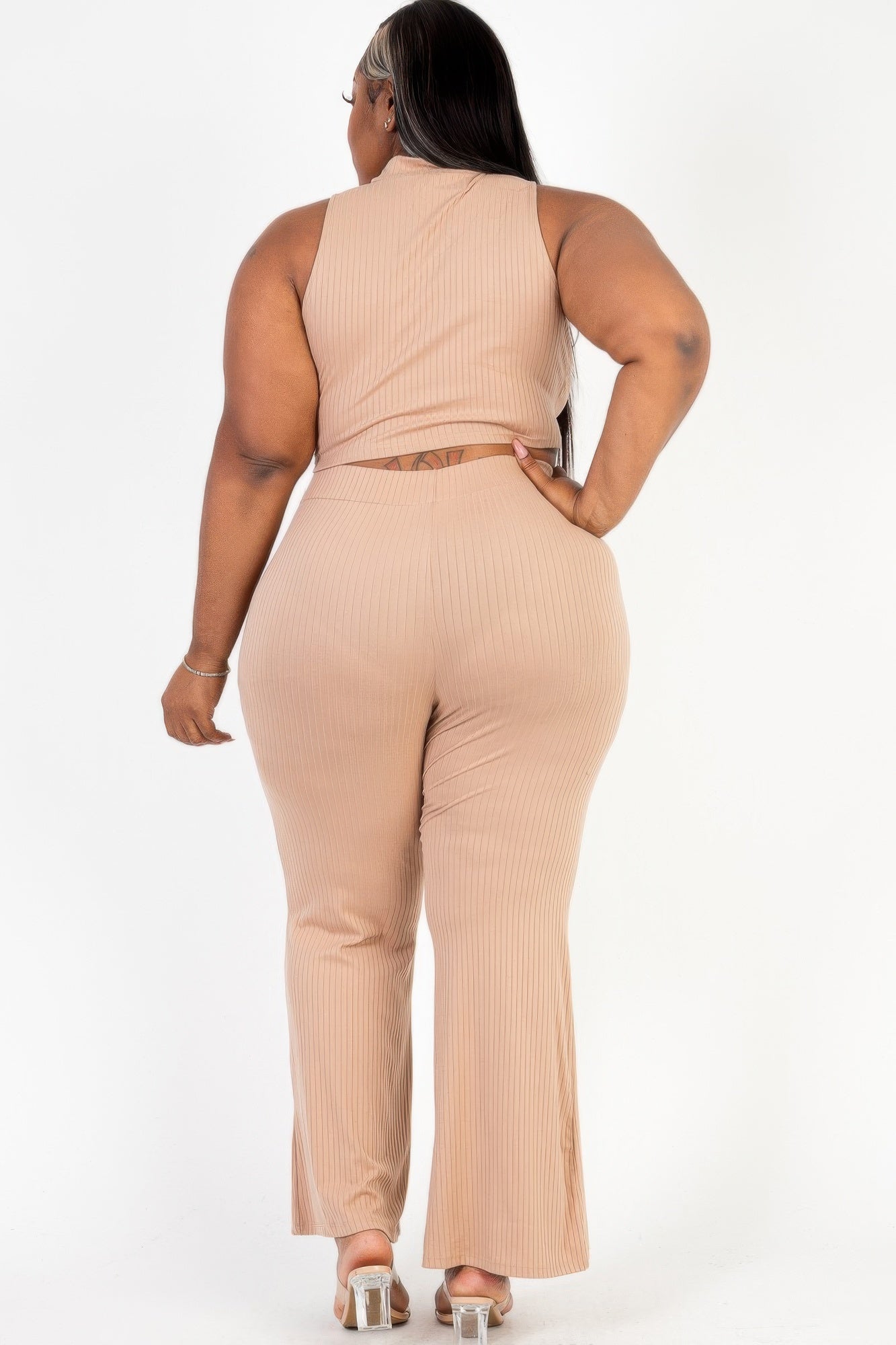 Plus Size Ribbed Mock Neck Crop Tank Top& Bootcut Pants Set - AV Fashion’s