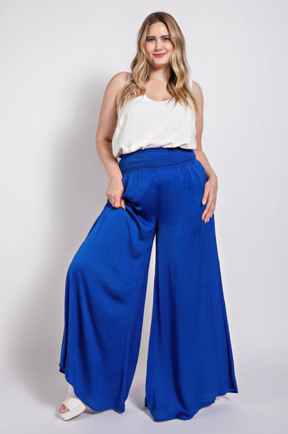 Washed Satin Wide Pants With Waist Smocked - AV Fashion’s