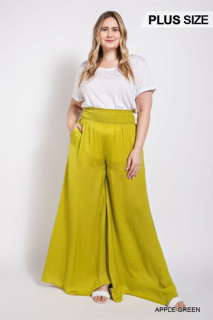 Washed Satin Wide Pants With Waist Smocked - AV Fashion’s