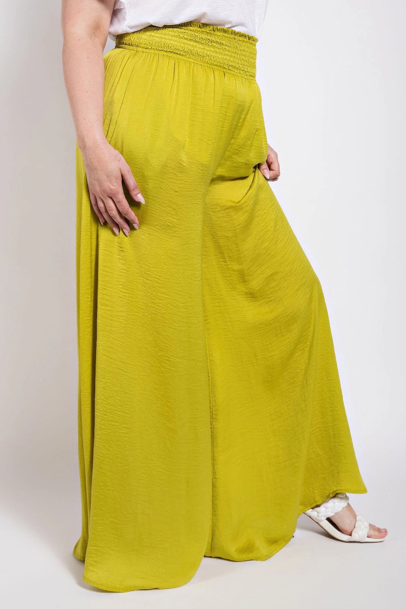 Washed Satin Wide Pants With Waist Smocked - AV Fashion’s