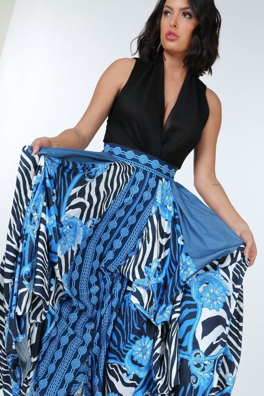 Animal Chain Print Denim Tacked Maxi Skirt In Black Gold - AV Fashion’s