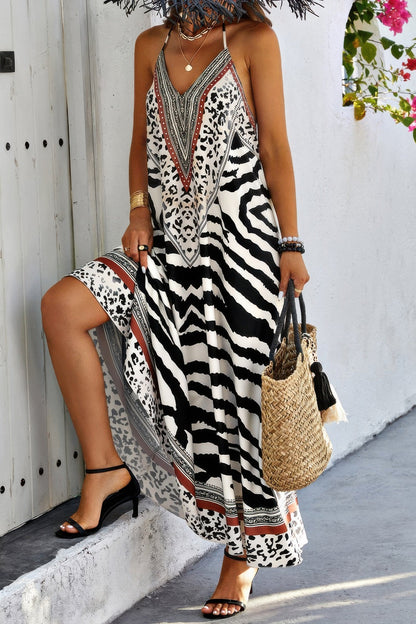 Animal Print Halter Deep V Ruffle Maxi Dress - AV Fashion’s