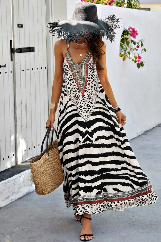 Animal Print Halter Deep V Ruffle Maxi Dress - AV Fashion’s