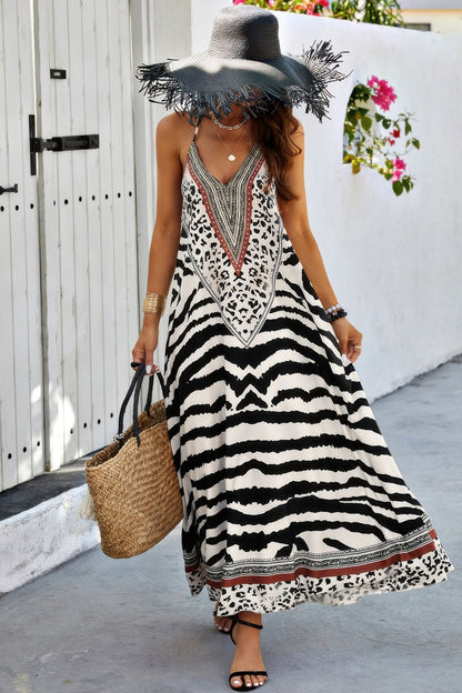 Animal Print Halter Deep V Ruffle Maxi Dress - AV Fashion’s