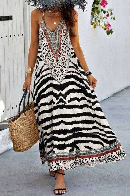 Animal Print Halter Deep V Ruffle Maxi Dress - AV Fashion’s