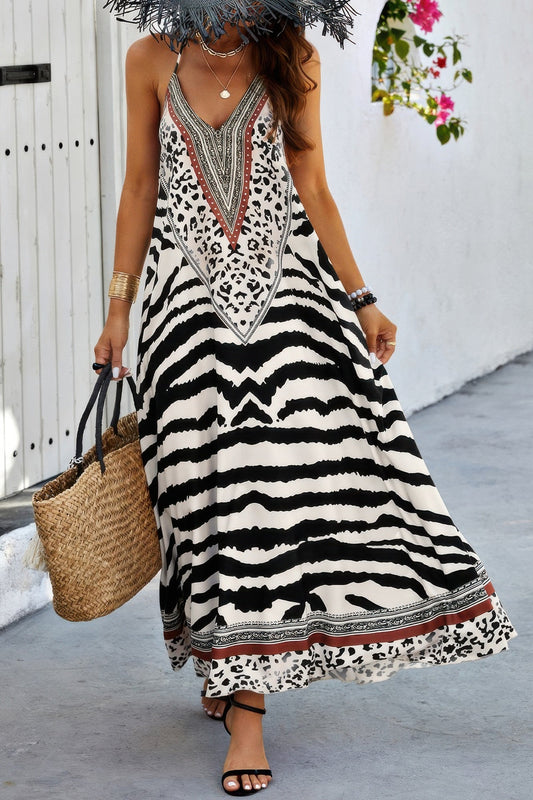 Animal Print Halter Deep V Ruffle Maxi Dress - AV Fashion’s