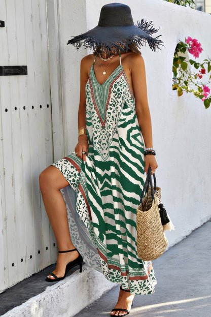 Animal Print Halter Deep V Ruffle Maxi Dress - AV Fashion’s