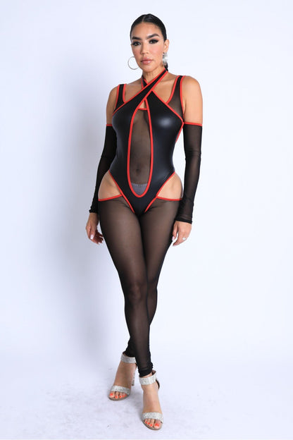 Binding Pointed Cutout Halter Mesh Off Shoulder Jumpsuit - AV Fashion’s