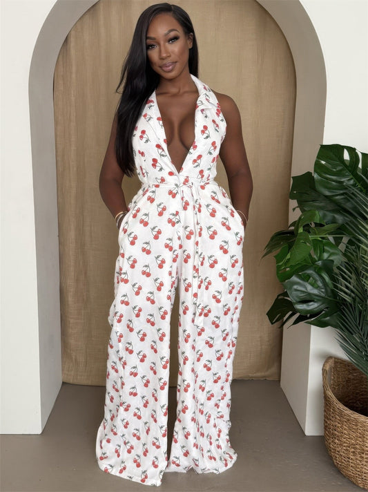 Cherry Print Halter Wide - leg Jumpsuit - AV Fashion’s