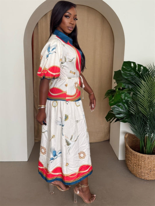 Crane & Nautical Belted Midi Dress Ivory Multi - AV Fashion’s