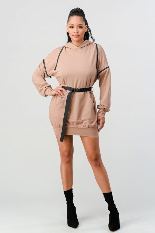 Double Zipper Long Sleeve Hooded Mini Dress - AV Fashion’s