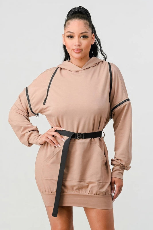 Double Zipper Long Sleeve Hooded Mini Dress - AV Fashion’s