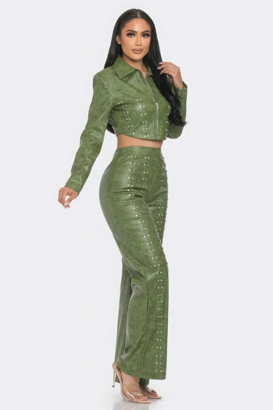 Faux Leather Set With Rhinestone Detail - AV Fashion’s