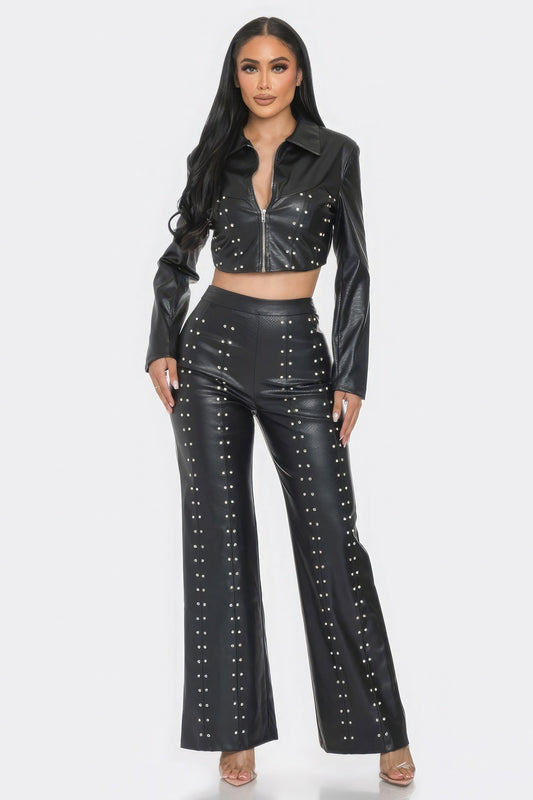 Faux Leather Set With Rhinestone Detail - AV Fashion’s