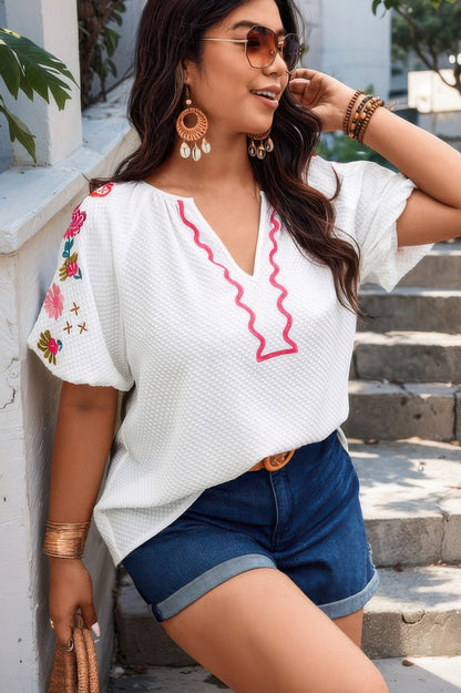 Floral V Neck Ruffle Puff Sleeve Lace Blouse - AV Fashion’s
