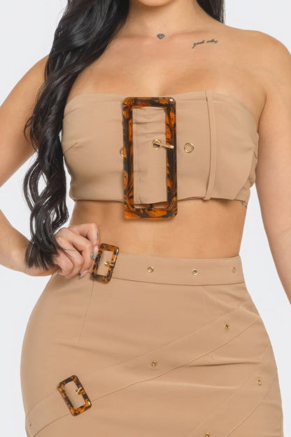 Front Eyelet Buckle Belt Top And Skirt Set - AV Fashion’s