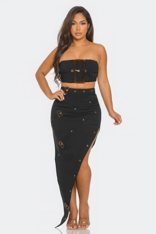 Front Eyelet Buckle Belt Top And Skirt Set - AV Fashion’s