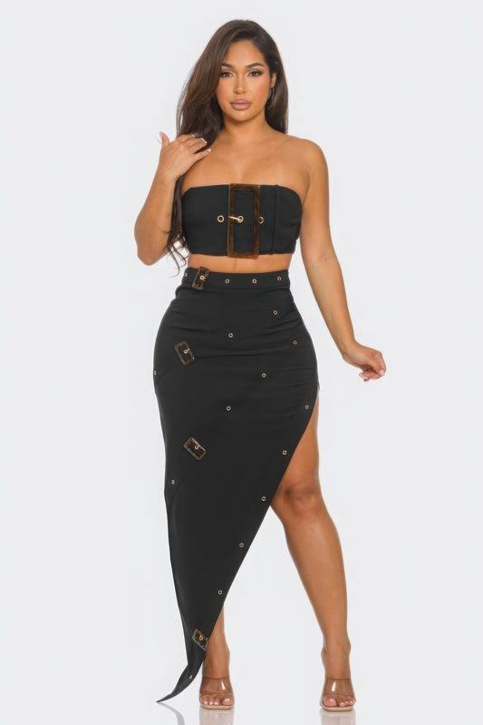 Front Eyelet Buckle Belt Top And Skirt Set - AV Fashion’s