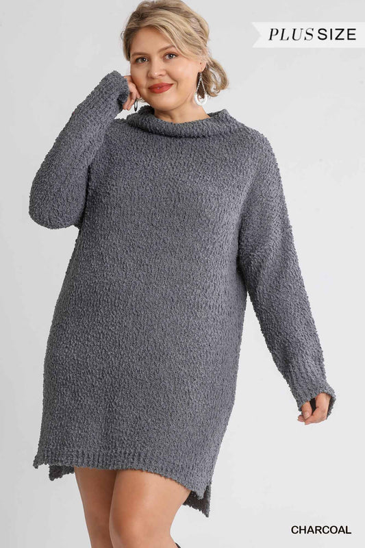 High Cowl Neck Bouclé Long Sleeve Sweater Dress - AV Fashion’s