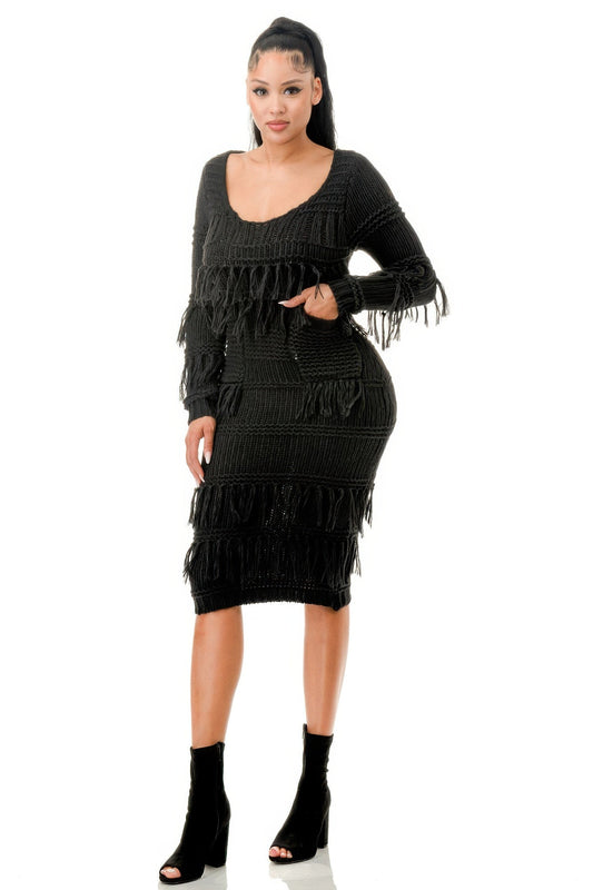 Knit Long Sleeve Fringe Dress - AV Fashion’s