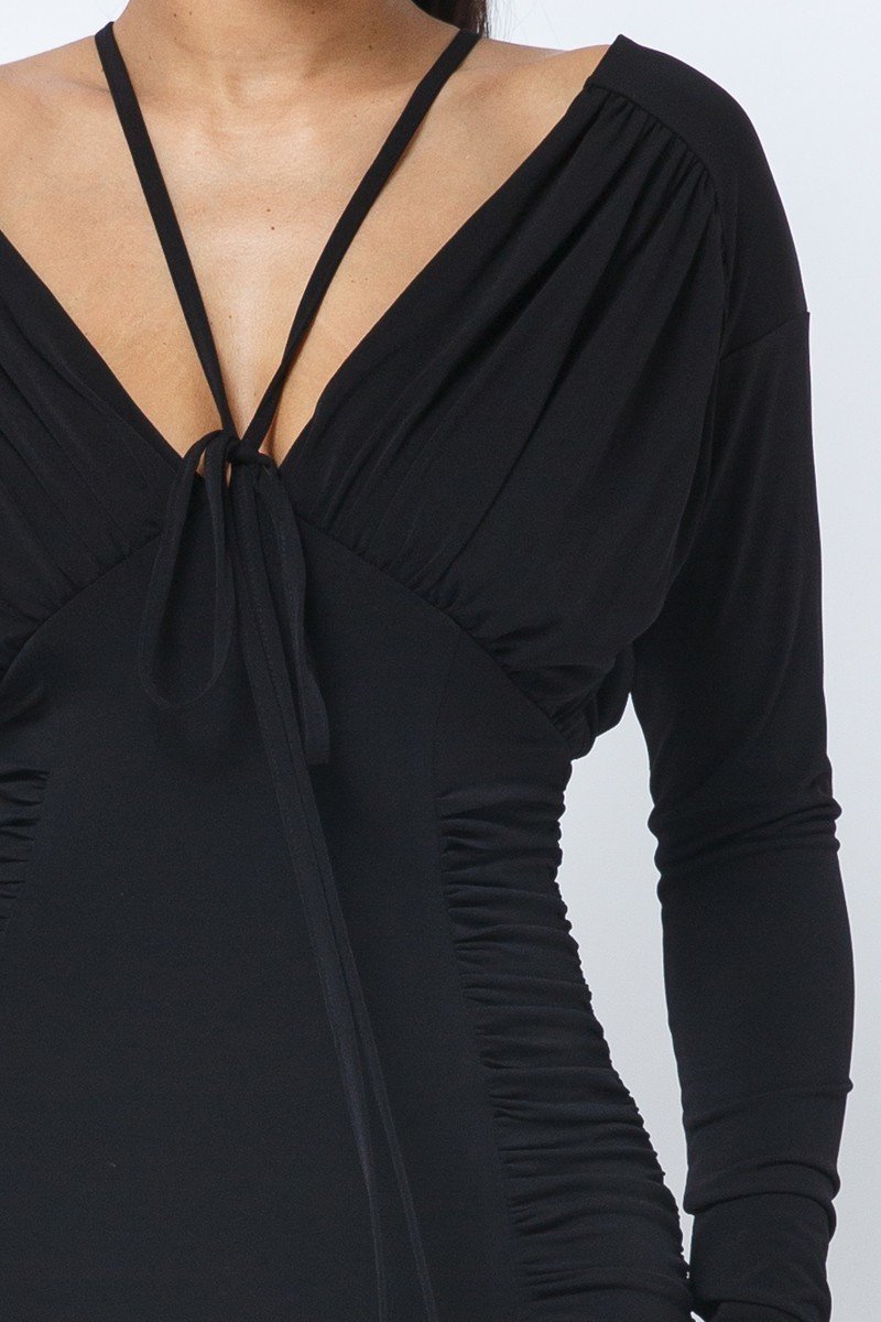 Long Sleeve Midi Dress With Low V Neck Front And Back With Ruching On Sides And Chest - AV Fashion’s