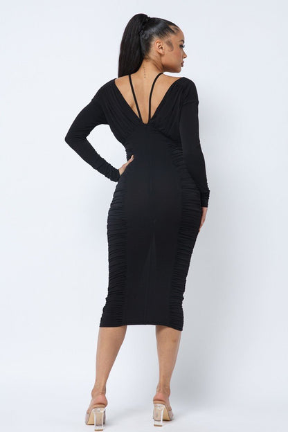 Long Sleeve Midi Dress With Low V Neck Front And Back With Ruching On Sides And Chest - AV Fashion’s