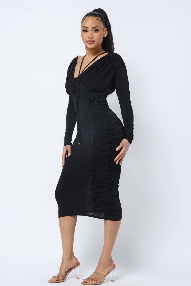 Long Sleeve Midi Dress With Low V Neck Front And Back With Ruching On Sides And Chest - AV Fashion’s