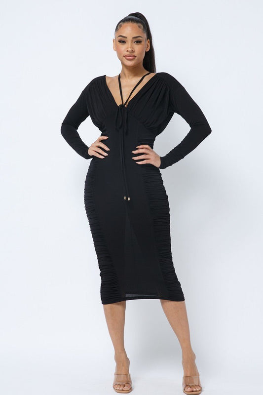 Long Sleeve Midi Dress With Low V Neck Front And Back With Ruching On Sides And Chest - AV Fashion’s