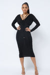 Long Sleeve Midi Dress With Low V Neck Front And Back With Ruching On Sides And Chest - AV Fashion’s