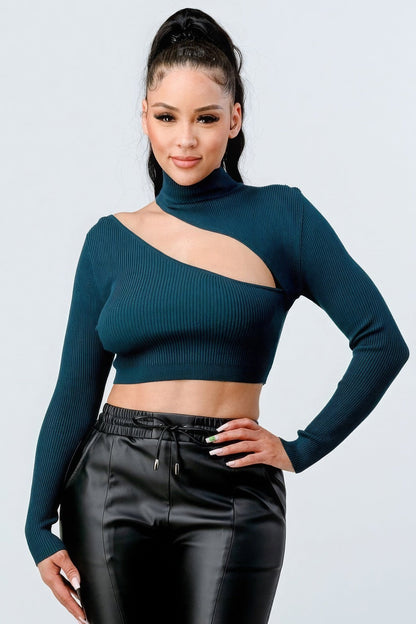 Lux Sweater Rib Cutout Mock Neck Crop Top - AV Fashion’s