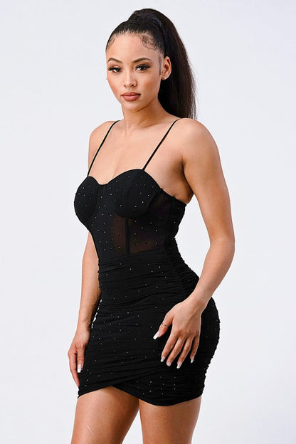 Luxe Glitter Front Mesh Ribbed Cami Mini Dress - AV Fashion’s