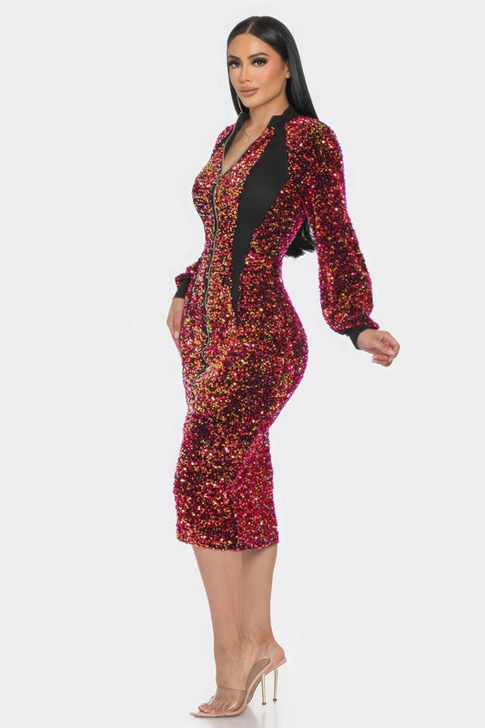 Midi 2 Way Zip Up Sequin Contrast Dress - AV Fashion’s