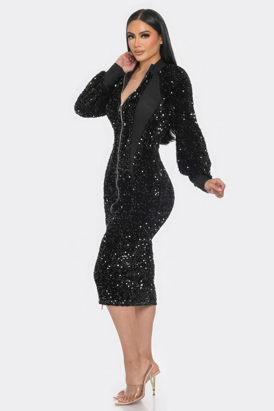 Midi 2 Way Zip Up Sequin Contrast Dress - AV Fashion’s