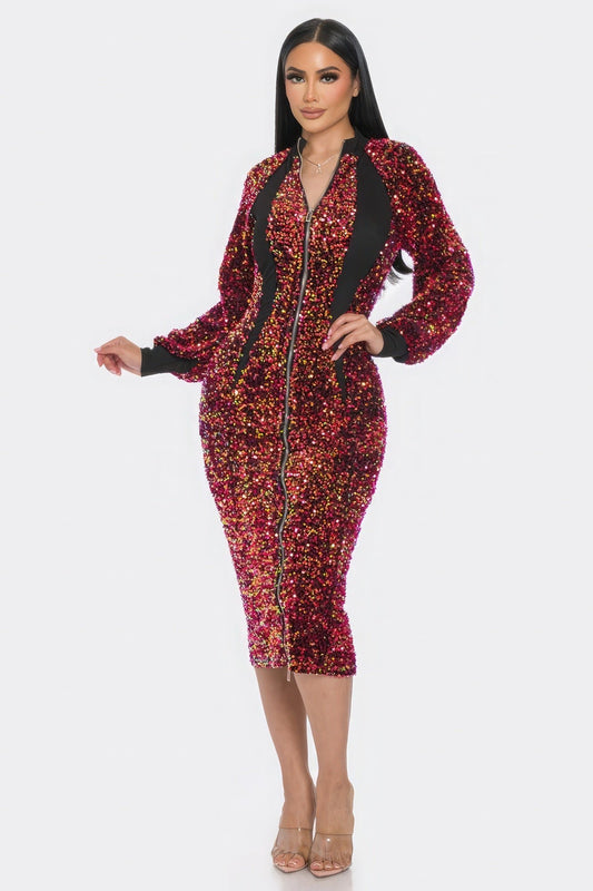 Midi 2 Way Zip Up Sequin Contrast Dress - AV Fashion’s