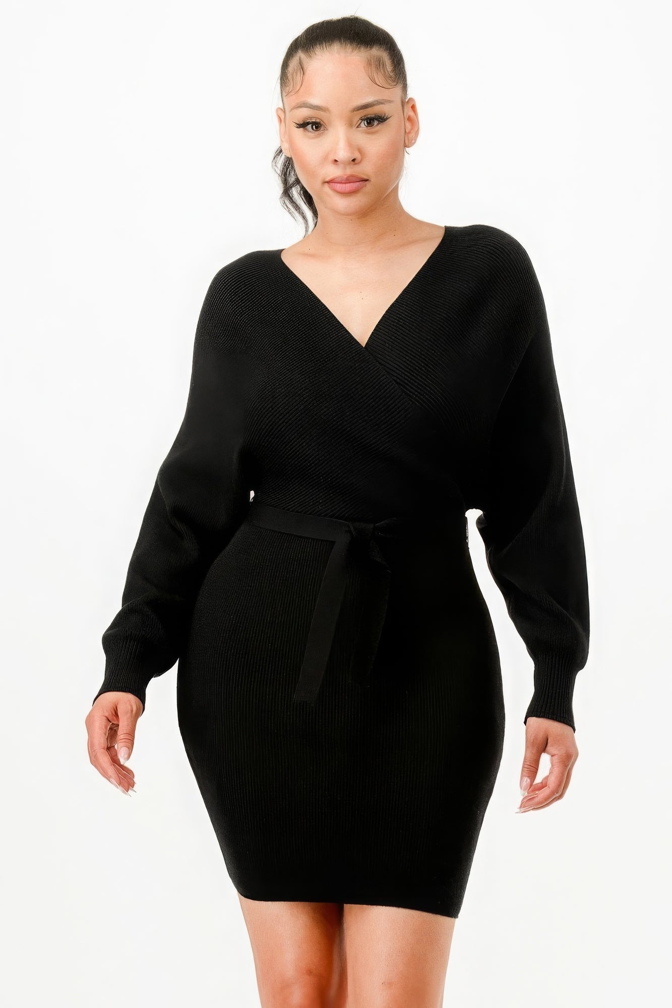 Off Shoulder Wrap Belted Ribbed Sweather Dress - AV Fashion’s