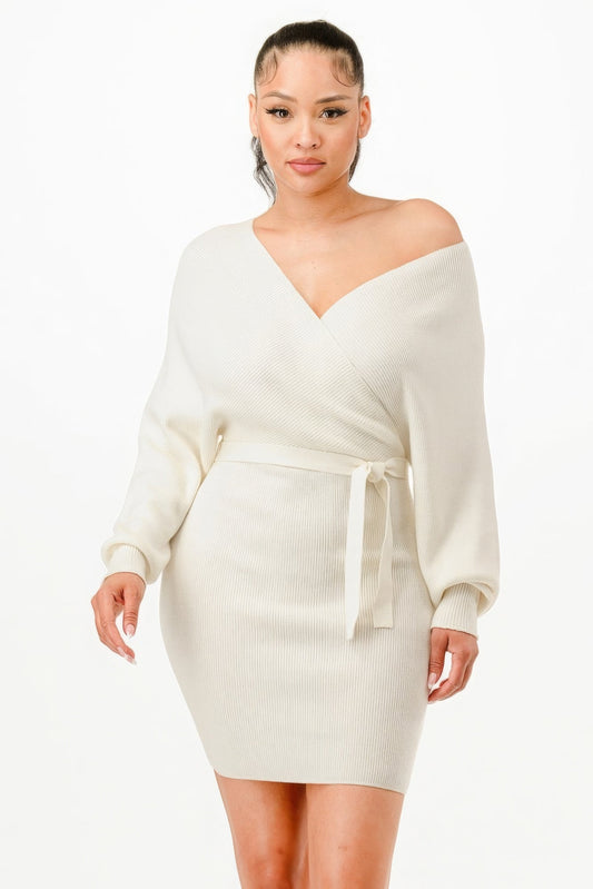 Off Shoulder Wrap Belted Ribbed Sweather Dress - AV Fashion’s