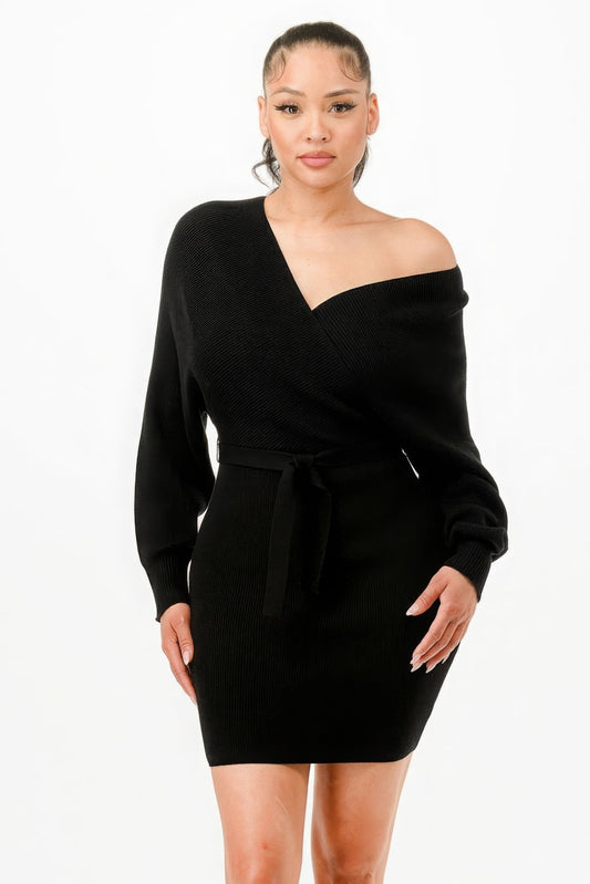 Off Shoulder Wrap Belted Ribbed Sweather Dress - AV Fashion’s