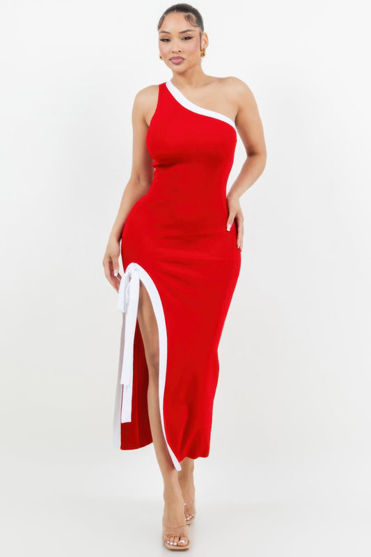 One Shoulder Side Slit Tie - up Maxi Dress - AV Fashion’s