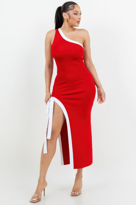 One Shoulder Side Slit Tie - up Maxi Dress - AV Fashion’s