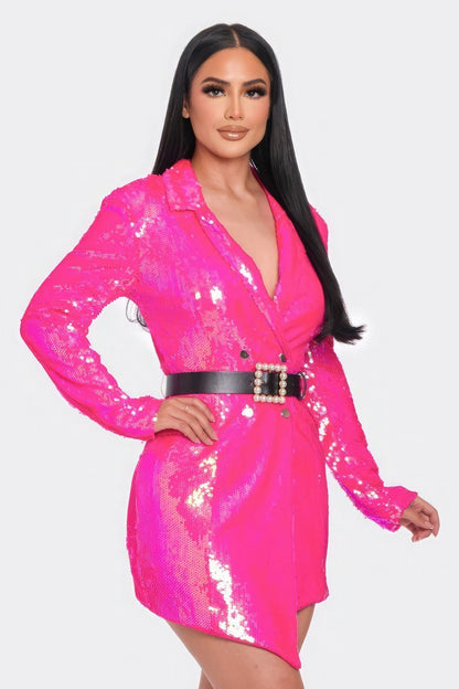 Pearl Belted Sequin Blazer Mini Dress - AV Fashion’s