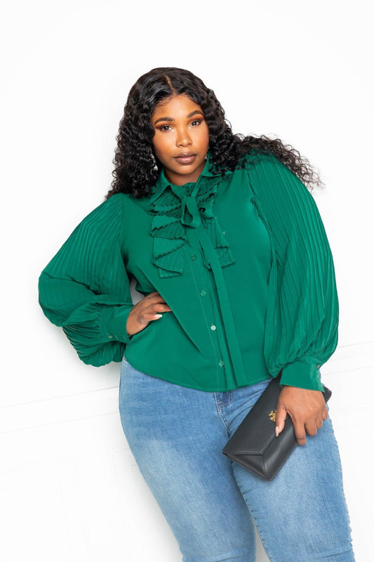 Pleated Sleeve Blouse With Waterfall Frill And Bow - AV Fashion’s