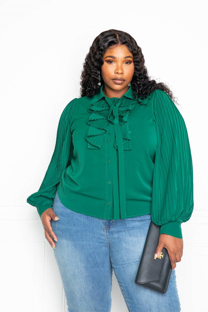 Pleated Sleeve Blouse With Waterfall Frill And Bow - AV Fashion’s