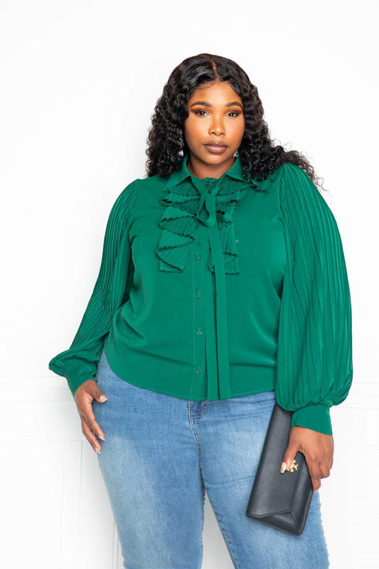 Pleated Sleeve Blouse With Waterfall Frill And Bow - AV Fashion’s