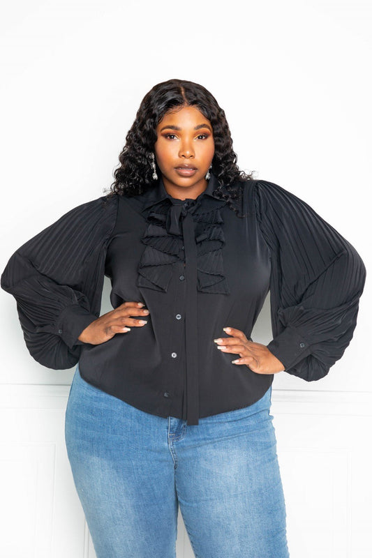 Pleated Sleeve Blouse With Waterfall Frill And Bow - AV Fashion’s