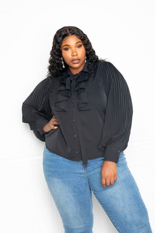 Pleated Sleeve Blouse With Waterfall Frill And Bow - AV Fashion’s