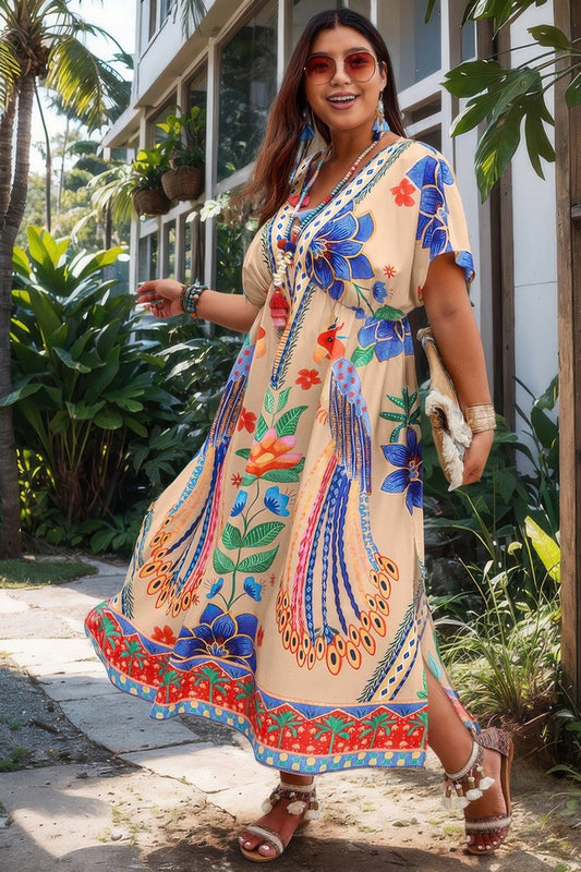 Plus Deep V Neck Allover Print High Waist Dress - AV Fashion’s