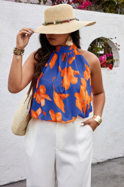 Plus Gingko Leaf Print Short Sleeve Halter Shirt - AV Fashion’s