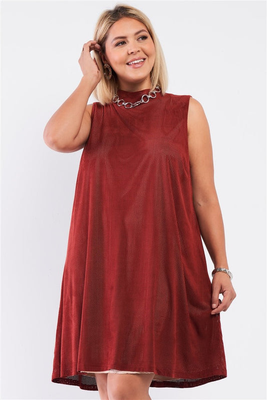 Plus Rust And Nude Illusion High Neck Swing Dress - AV Fashion’s