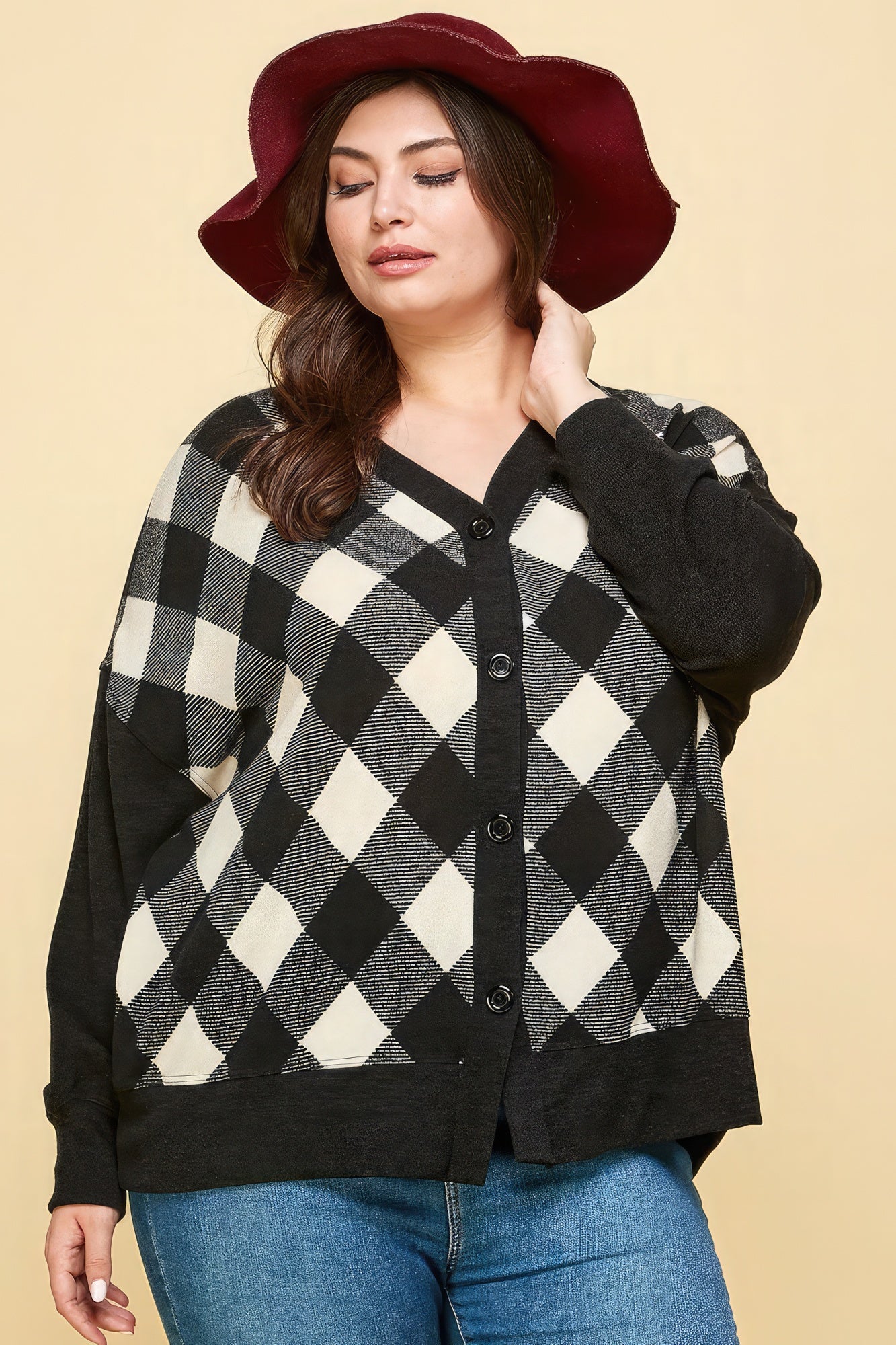 Plus Size Buffalo Plaid Knit Button Up Oversize Cardigan - AV Fashion’s